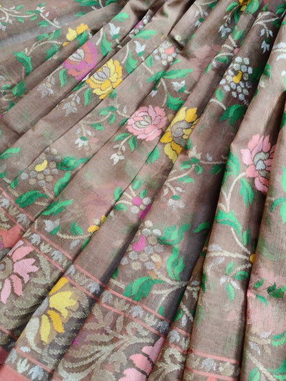 BROWN REAL JARI COTTON PURE HANDLOOM BANARASI SAREE