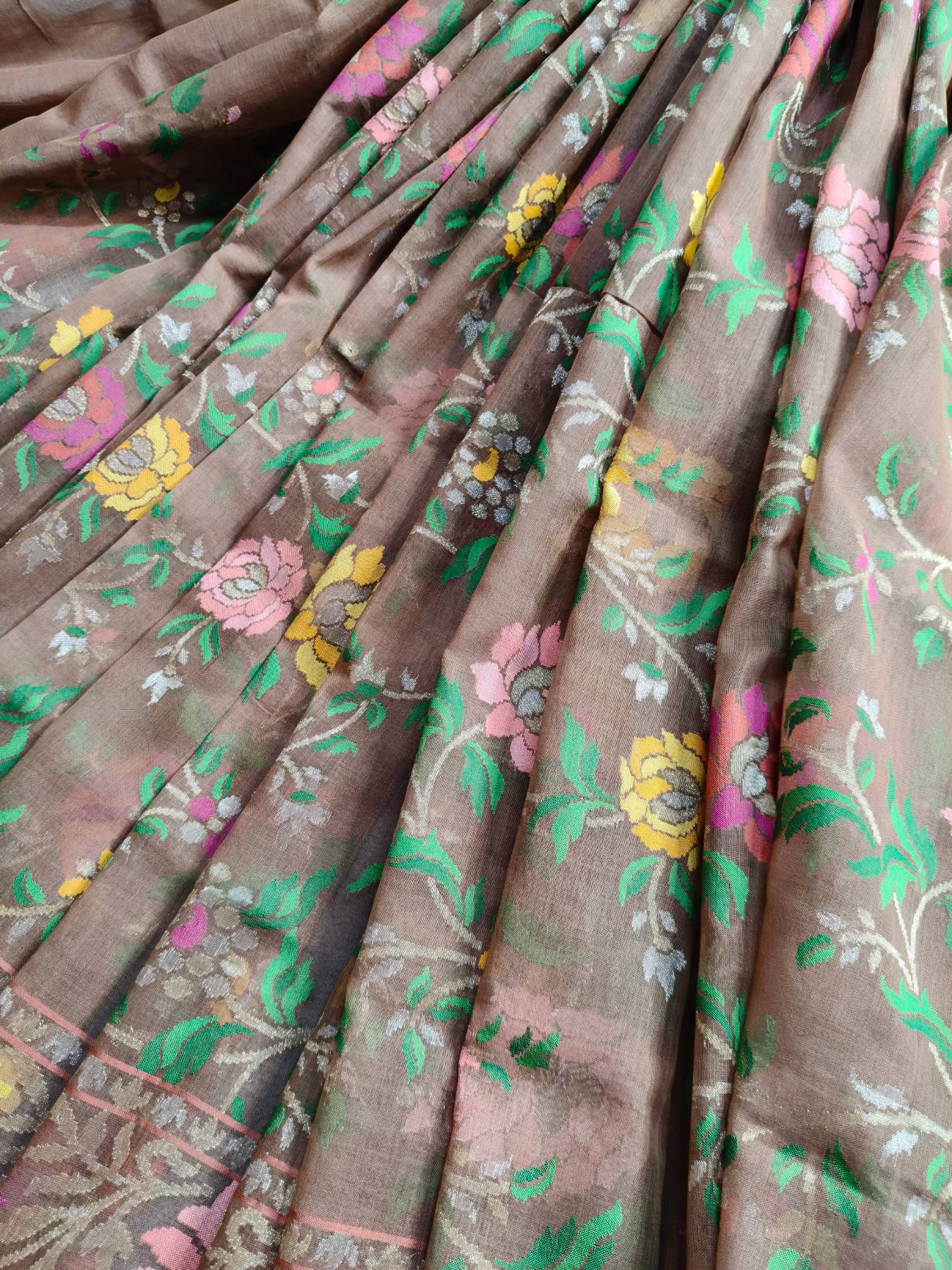 BROWN REAL JARI COTTON PURE HANDLOOM BANARASI SAREE