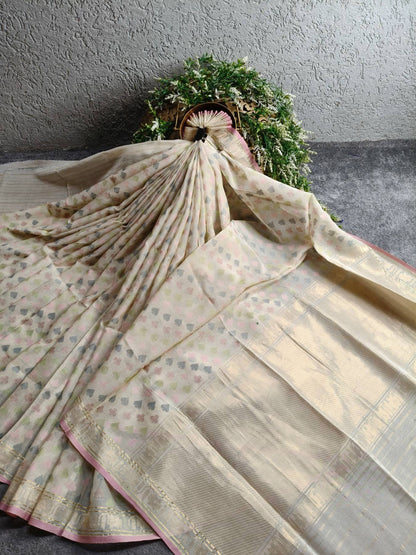 PEARL WHITE COTTON PURE HANDLOOM BANARASI SAREE