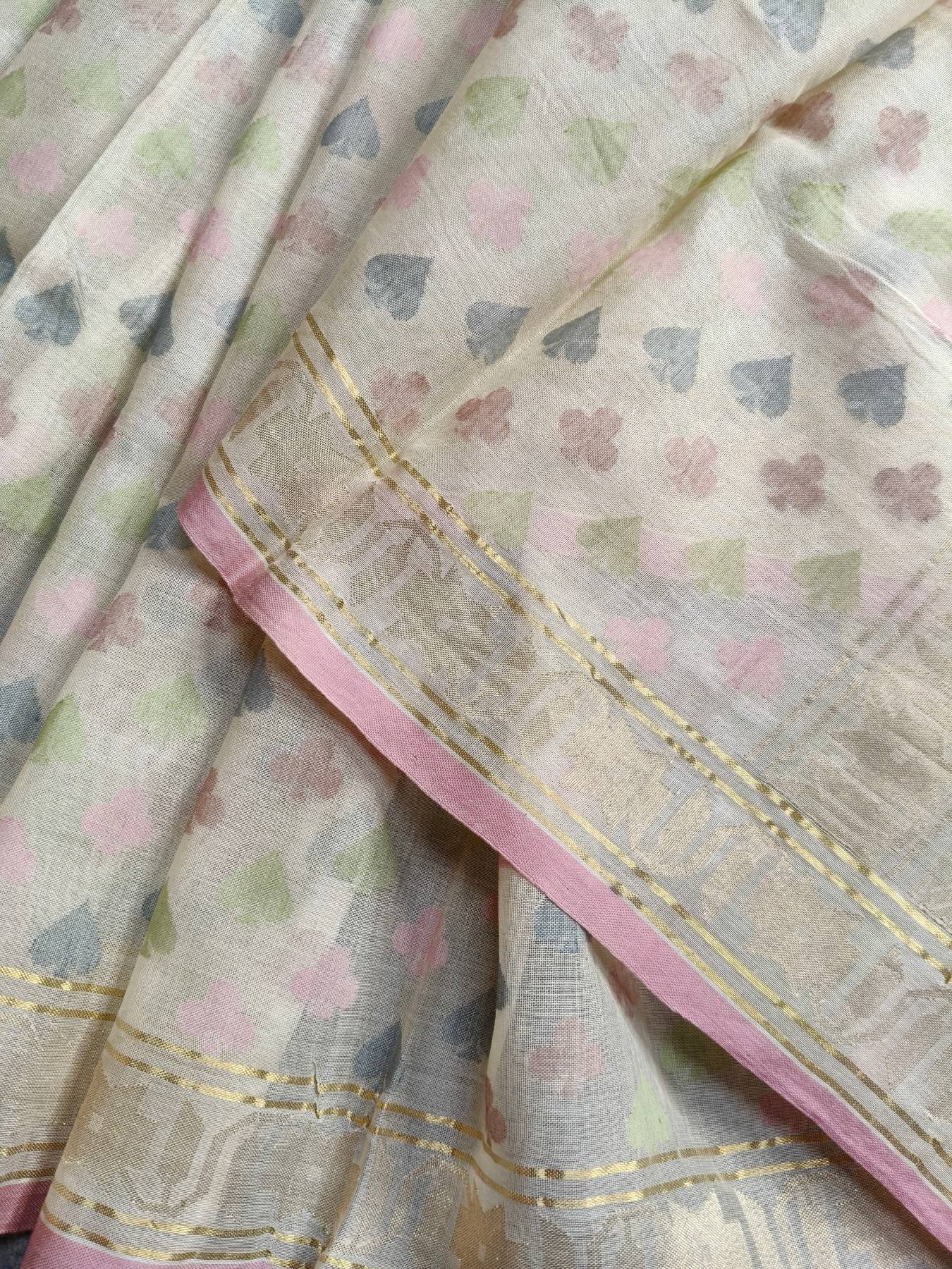 PEARL WHITE COTTON PURE HANDLOOM BANARASI SAREE