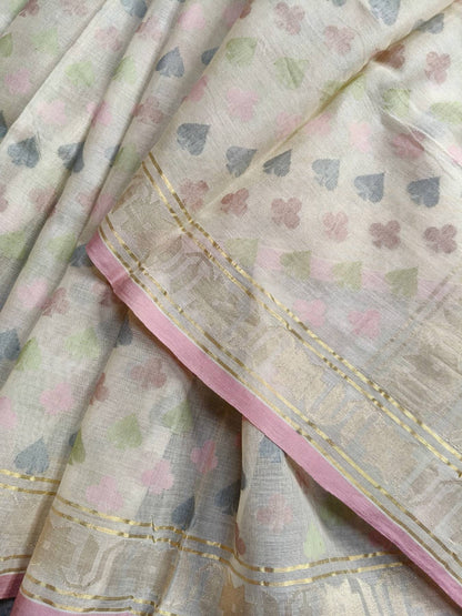 PEARL WHITE COTTON PURE HANDLOOM BANARASI SAREE
