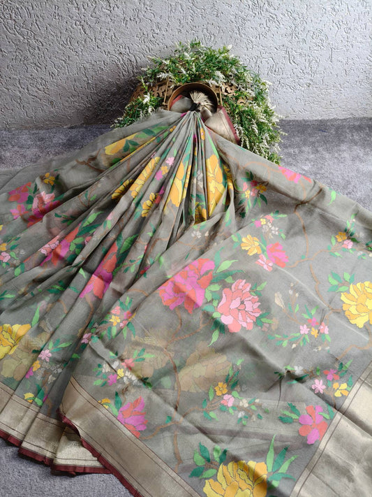 GREY REAL JARI COTTON PURE HANDLOOM BANARASI SAREE