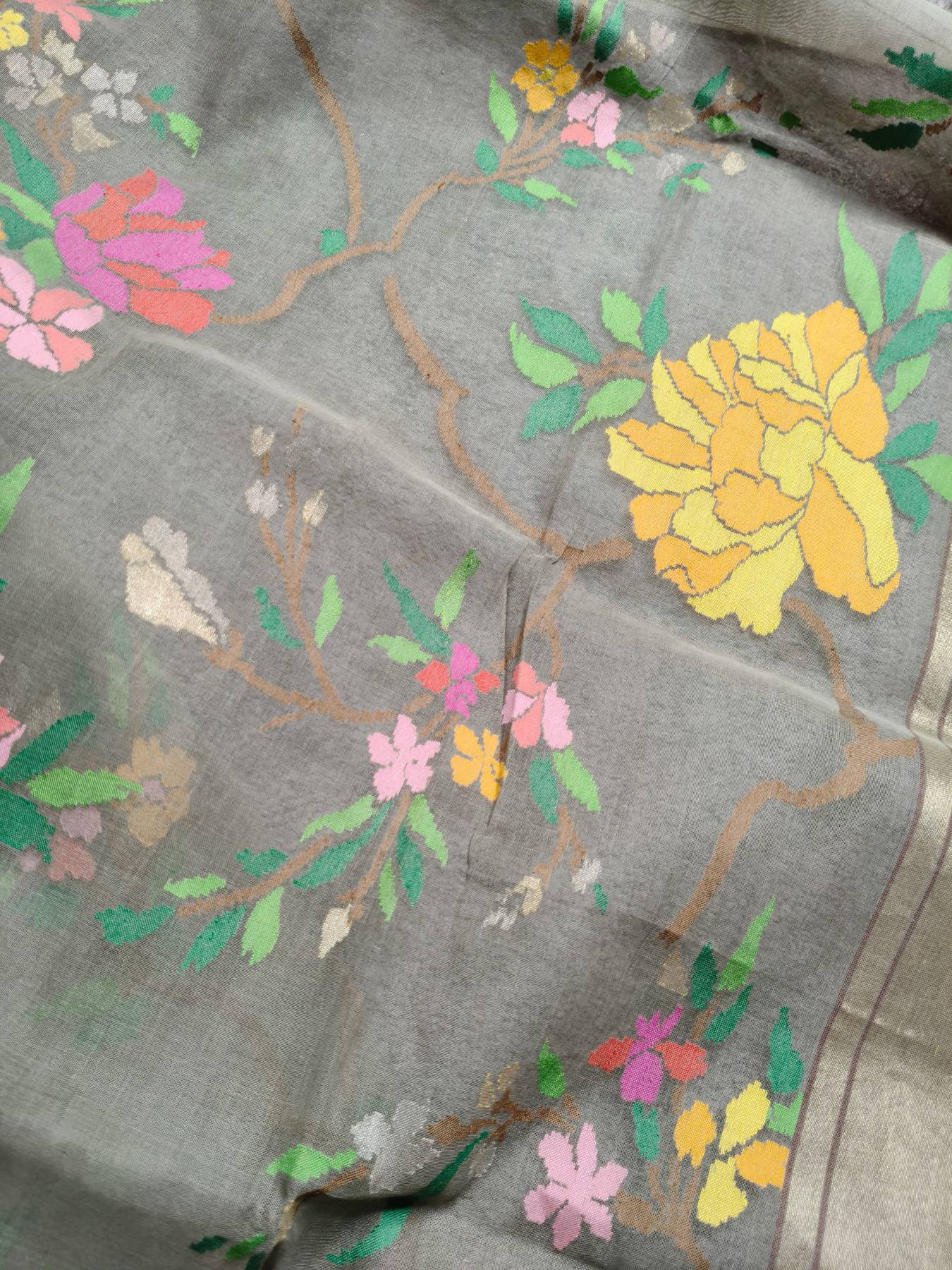 GREY REAL JARI COTTON PURE HANDLOOM BANARASI SAREE
