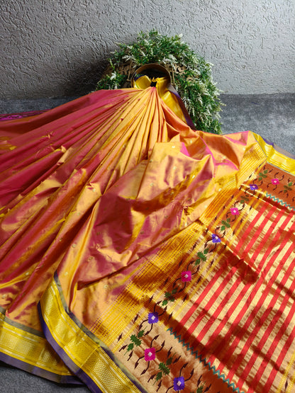 TWO TONE  ORANGE SILK PURE HANDLOOM PAITHANI SAREE