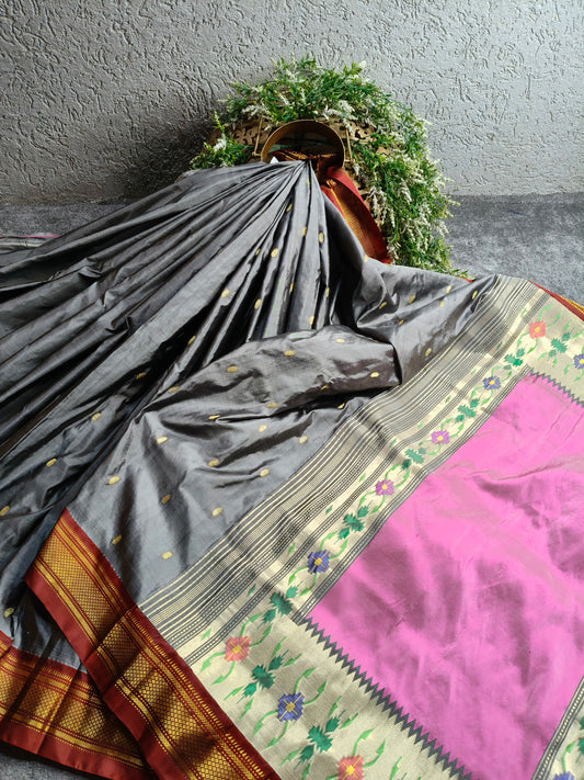 GREY SILK PURE HANDLOOM PAITHANI SAREE