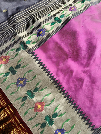 GREY SILK PURE HANDLOOM PAITHANI SAREE
