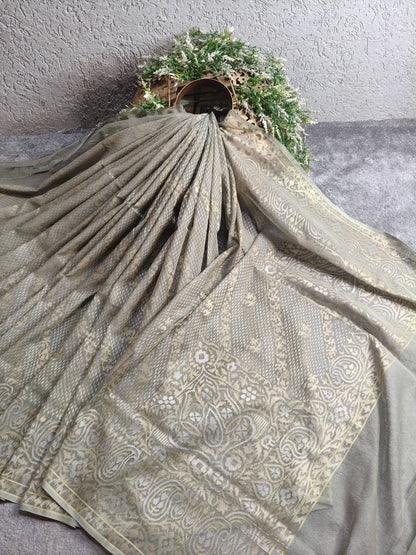 GREY REAL JARI COTTON PURE HANDLOOM BANARASI SAREE