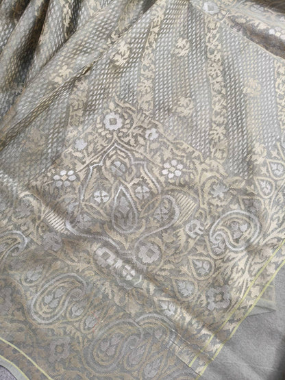 GREY REAL JARI COTTON PURE HANDLOOM BANARASI SAREE
