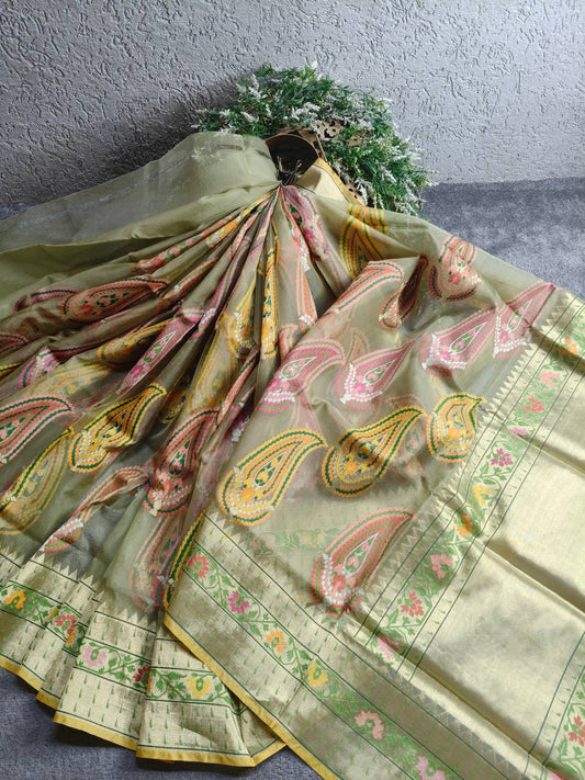 OLIVE GREEN KORA PURE HANDLOOM BANARASI SAREE