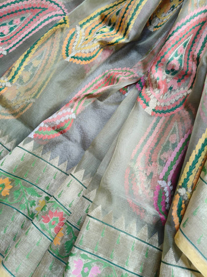 OLIVE GREEN KORA PURE HANDLOOM BANARASI SAREE