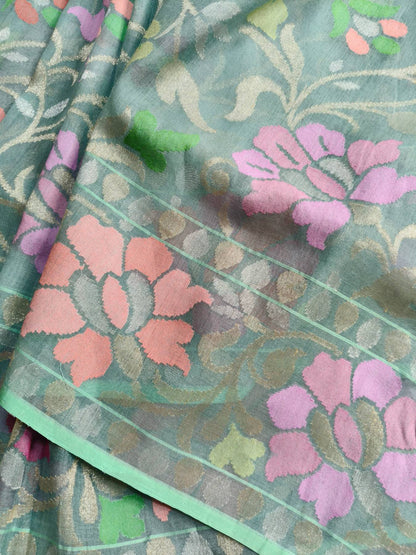 MINT GREEN REAL JARI COTTON PURE HANDLOOM BANARASI SAREE