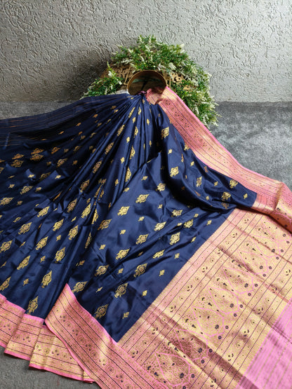 MIDNIGHT BLUE SILK PURE HANDLOOM BANARASI SAREE