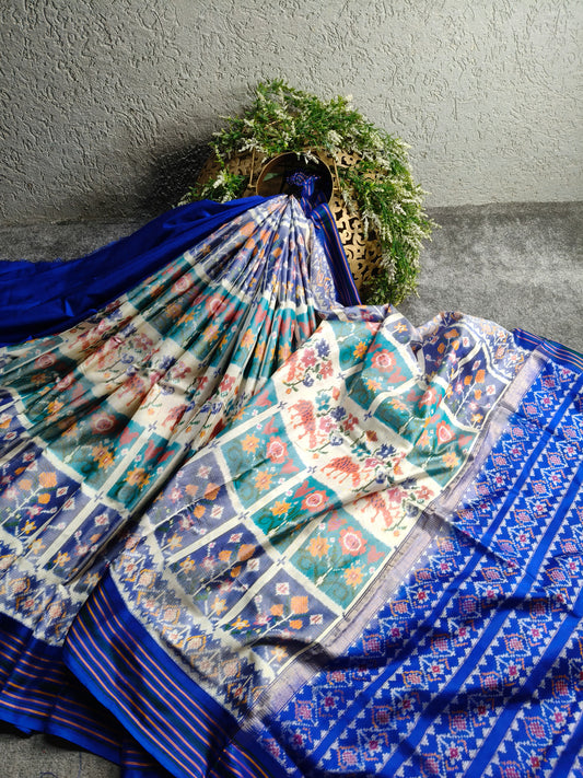 OFF WHITE TWILL SILK PURE HANDLOOM IKKAT SAREE
