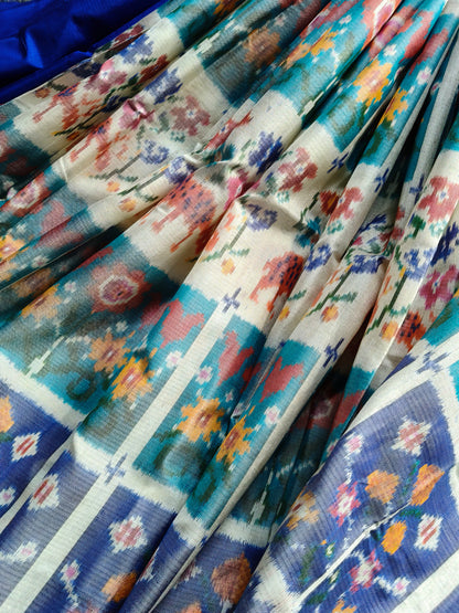 OFF WHITE TWILL SILK PURE HANDLOOM IKKAT SAREE
