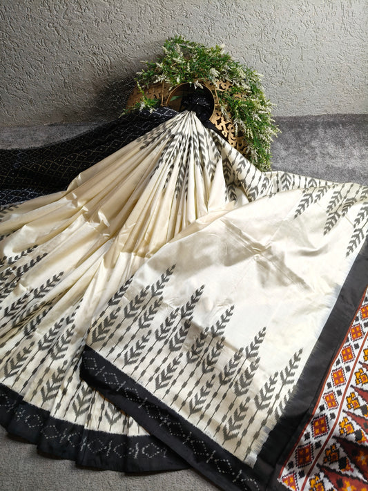 WHITE SILK PURE HANDLOOM DOUBLE IKKAT SAREE