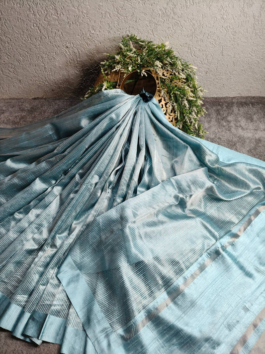 GREYISH BLUE ORGANZA PURE HANDLOOM BANARASI SAREE