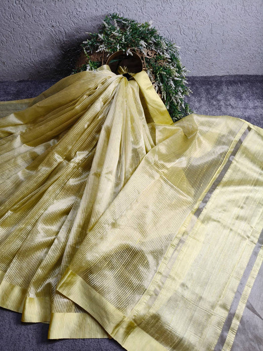 YELLOW ORGANZA PURE HANDLOOM BANARASI SAREE
