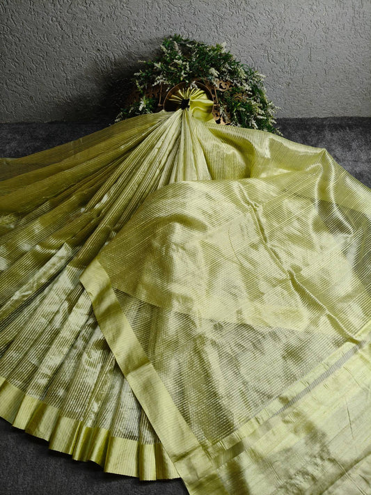 LIME YELLOW ORGANZA PURE HANDLOOM BANARASI SAREE
