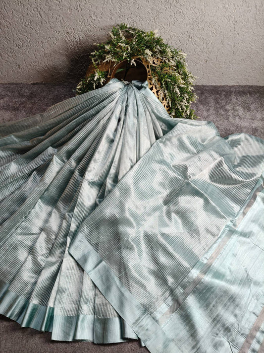 POWDER BLUE ORGANZA PURE HANDLOOM BANARASI SAREE