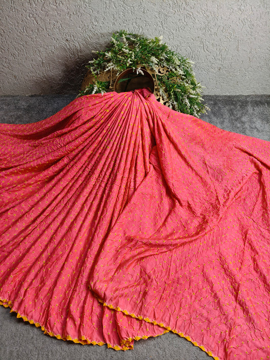 CORAL GAJJI SILK PURE HANDLOOM BANDHEJ SAREE