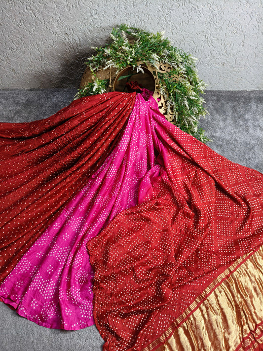 RED PINK GAJJI SILK PURE HANDLOOM BANDHEJ SAREE