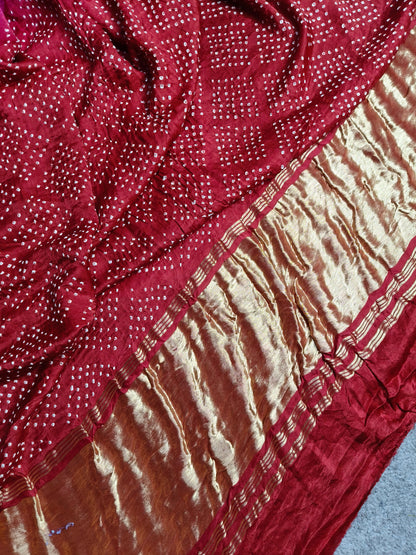 RED PINK GAJJI SILK PURE HANDLOOM BANDHEJ SAREE