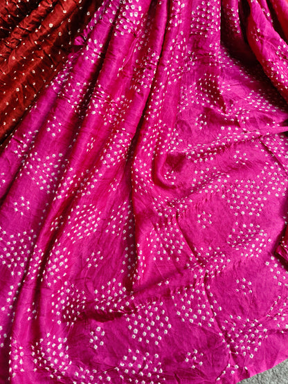 RED PINK GAJJI SILK PURE HANDLOOM BANDHEJ SAREE