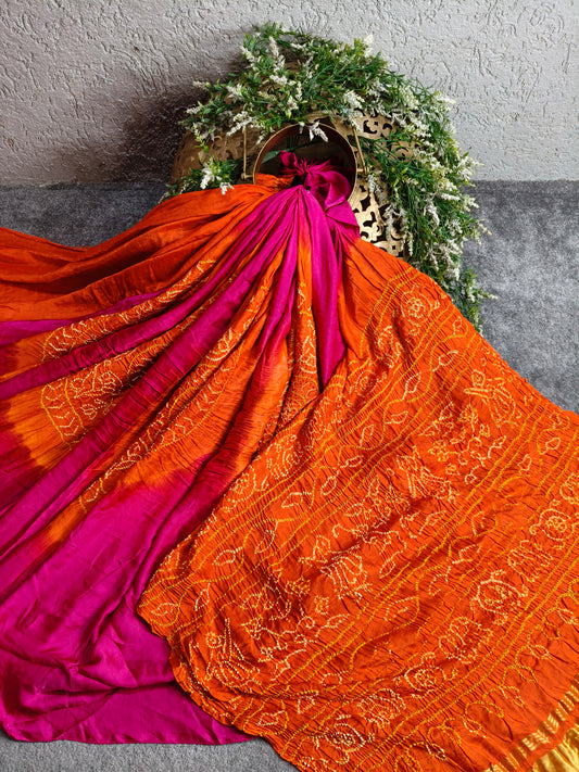 PINK GAJJI SILK PURE HANDLOOM BANDHEJ SAREE