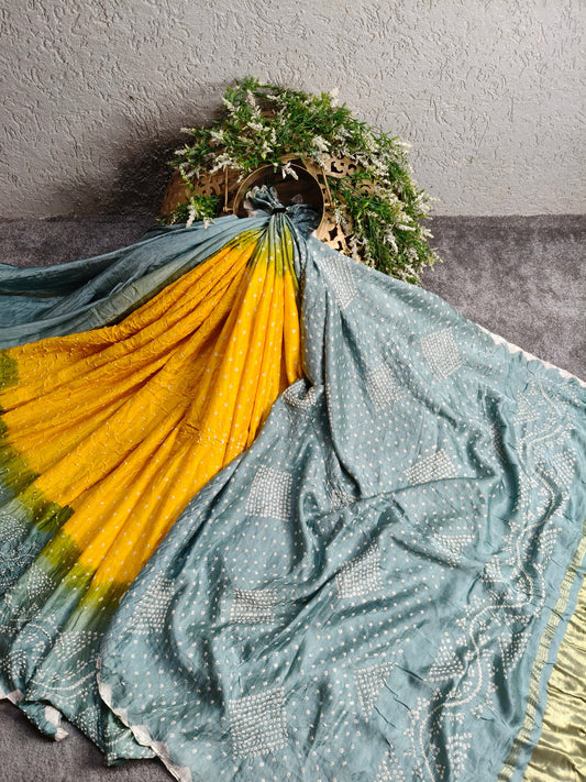 YELLOW GAJJI SILK PURE HANDLOOM BANDHEJ SAREE