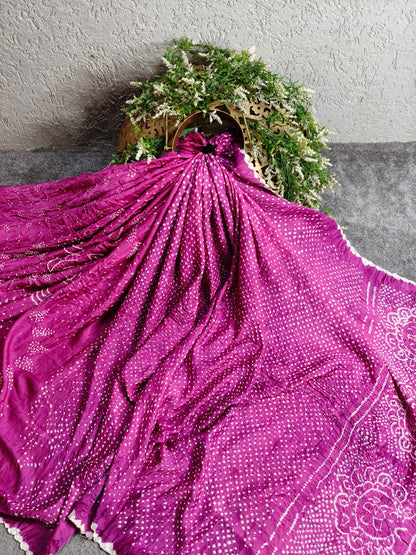 PLUM GAJJI SILK PURE HANDLOOM BANDHEJ SAREE
