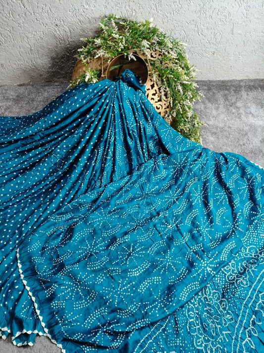 AZURE BLUE GAJJI SILK PURE HANDLOOM BANDHEJ SAREE
