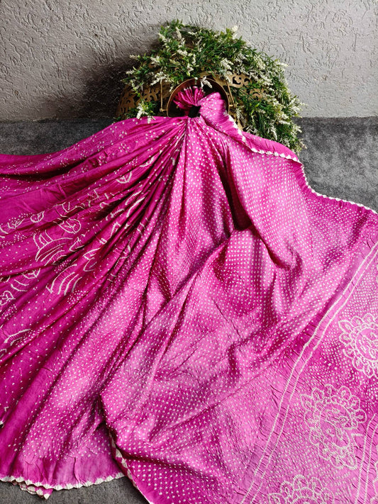 PINK GAJJI SILK PURE HANDLOOM BANDHEJ SAREE