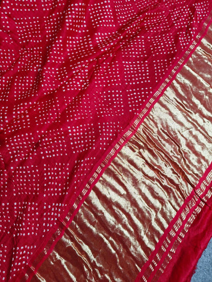 RED GAJJI SILK PURE HANDLOOM BANDHEJ SAREE