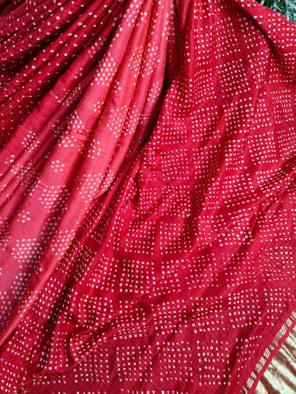 RED GAJJI SILK PURE HANDLOOM BANDHEJ SAREE