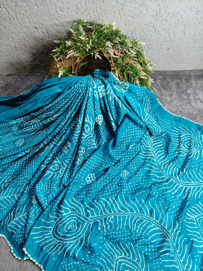 OCEAN BLUE GAJJI SILK PURE HANDLOOM BANDHEJ SAREE