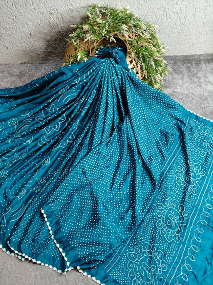 TEAL BLUE GAJJI SILK PURE HANDLOOM BANDHEJ SAREE