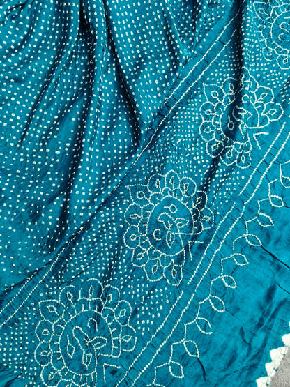 TEAL BLUE GAJJI SILK PURE HANDLOOM BANDHEJ SAREE