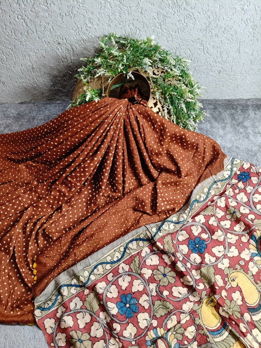 BROWN TUSSAR PURE HANDLOOM BANDHEJ SAREE