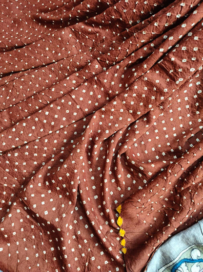 BROWN TUSSAR PURE HANDLOOM BANDHEJ SAREE