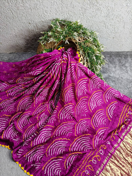 PURPLE TUSSAR PURE HANDLOOM BANDHEJ SAREE