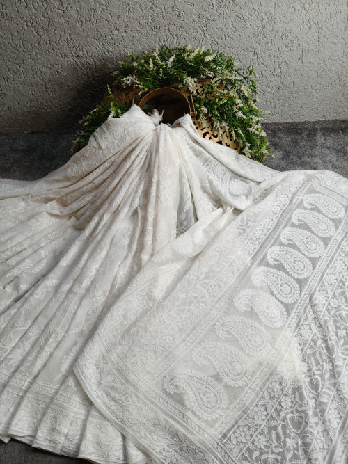 WHITE GEORGETTE PURE HANDLOOM LUCKNOWI EMBROIDERY SAREE