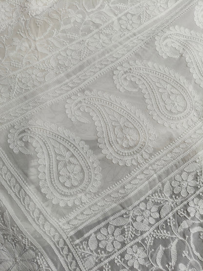 WHITE GEORGETTE PURE HANDLOOM LUCKNOWI EMBROIDERY SAREE