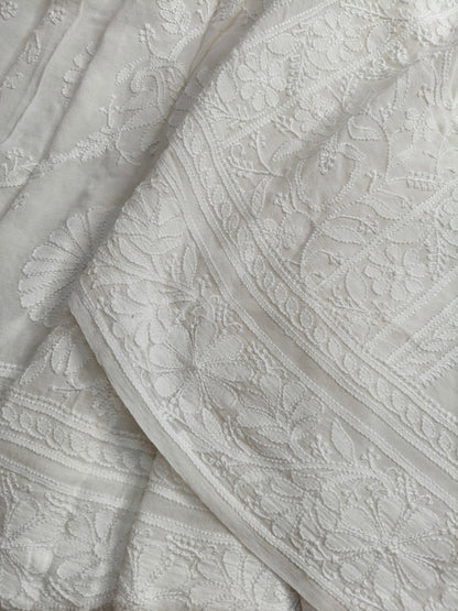 WHITE GEORGETTE PURE HANDLOOM LUCKNOWI EMBROIDERY SAREE
