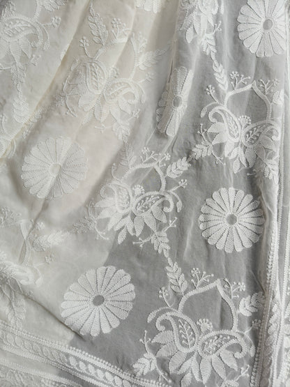 WHITE GEORGETTE PURE HANDLOOM LUCKNOWI EMBROIDERY SAREE