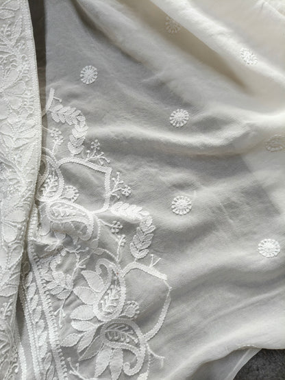WHITE GEORGETTE PURE HANDLOOM LUCKNOWI EMBROIDERY SAREE