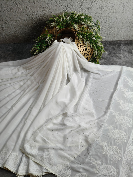 WHITE CRAP SILK PURE HANDLOOM LUCKNOWI EMBROIDERY SAREE