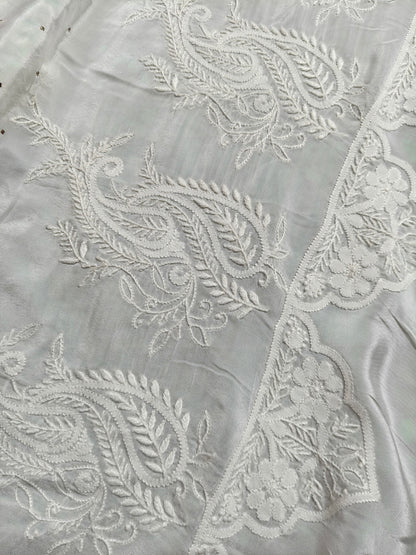 WHITE CRAP SILK PURE HANDLOOM LUCKNOWI EMBROIDERY SAREE