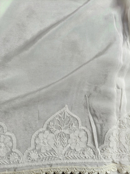 WHITE CRAP SILK PURE HANDLOOM LUCKNOWI EMBROIDERY SAREE