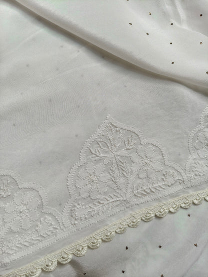 WHITE CRAP SILK PURE HANDLOOM LUCKNOWI EMBROIDERY SAREE