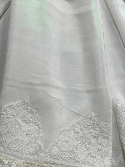 WHITE CRAP SILK PURE HANDLOOM LUCKNOWI EMBROIDERY SAREE